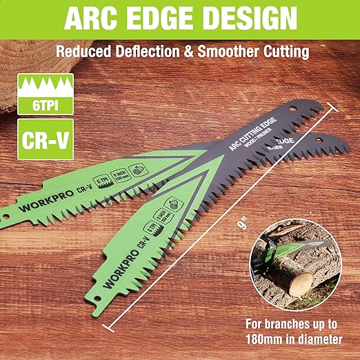 WORKPRO 9" Japanese Teeth Wood Pruning Reciprocating Saw Blades Set, Arc Cutting Edge 6TPI Pruning Saw Blades for Tree Pruning, Wood Cutting, Durable & Sharp, 3 Pack