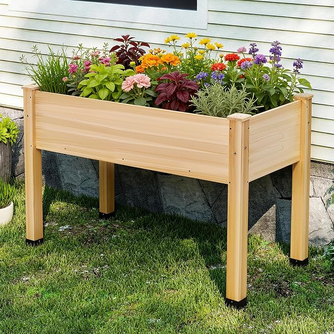 AMERLIFE Raised Garden Bed, 48x30x24 Inches Elevated Wood Planter Box with Bed Liner, Legs, Divider, Drainage Holes, Stand for Backyard, Patio, 200 Lb Capacity - Light Wood
