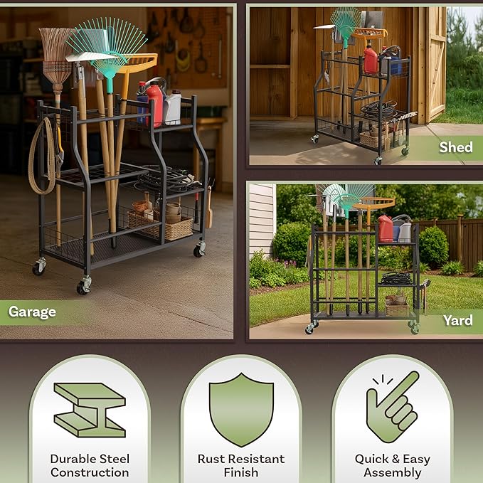 Garage Garden Tool Organizer with Wheels - Yard Tool Storage Rack with 28 Slots for Long Handles, 10 Hooks, 2 Cord Wrappers, 3 Shelves, and Locking Wheels - Shed or Garage Organization by Pure Garden