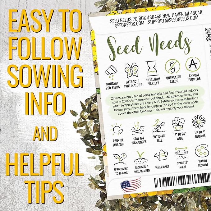 Seed Needs Zinnia Seeds for Planting Canary Bird Yellow Zinnias - Heirloom & Open Pollinated Annual Cut Flowers for a Butterfly Garden (2 Packs)