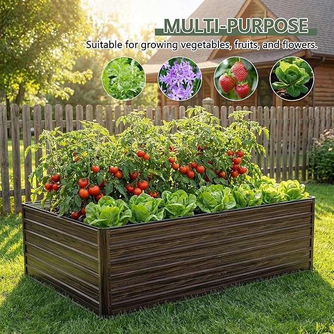 Galvanized Raised Garden Beds, 8x4x2FT Outdoor Planter Boxes with Safety Edging and Gloves, Rustic Country Style Metal Garden Bed Kit for Vegetables Flower and Fruits (Brown Wood Grain