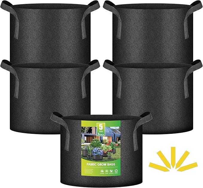 iPower 5-Pack 5 Gallon Plant Grow Bags 300G Thickened Nonwoven Aeration Fabric Pots Heavy Duty Durable Container, Strap Handles for Garden, Black New