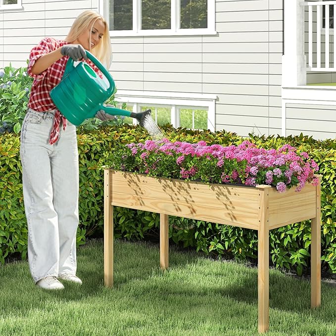 Giantex Raised Garden Beds Set of 2, Elevated Wood Planter Box with Liner, 47"x23"x30" Freestanding Raised Bed for Indoor Outdoor Plants, Vegetables Flower Herbs Fruit Gardening