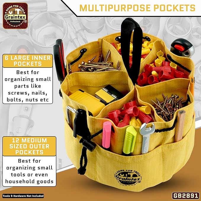 Graintex 18 Pockets Grab Bag Rip-stop Canvas Drawstring Closure, Small Part Organizer Pouch, Small Tools, Screws, Parts, Parachute Tool Bag for Efficient Storage - Yellow