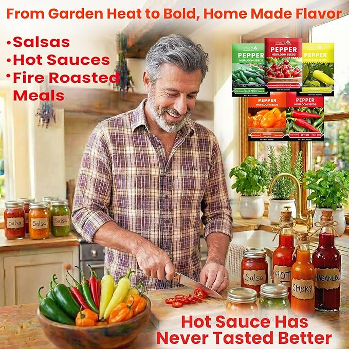 Hot Pepper Seeds for Planting, Cayenne, Hungarian Yellow, Jalapeno, Serrano, Habanero Orange, Heirloom Pepper Seeds Variety Pack, NonGMO, Made in USA