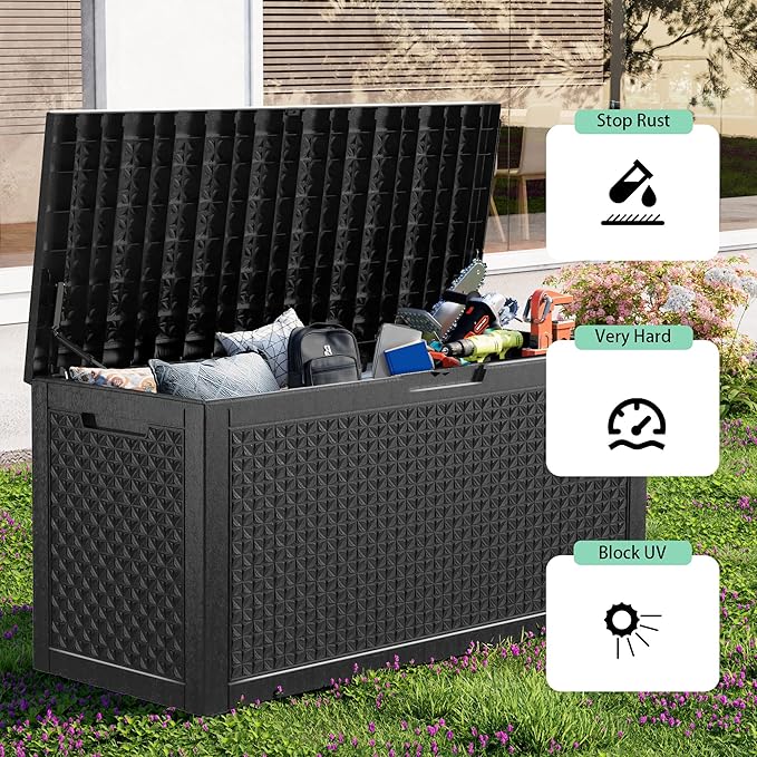 121 Gallon Resin Deck Box, Lockable Outdoor Storage Box for Patio Cushions Storage Furniture,Garden Tools, Pool Supplies, Weatherproof and UV Resistant (Black)