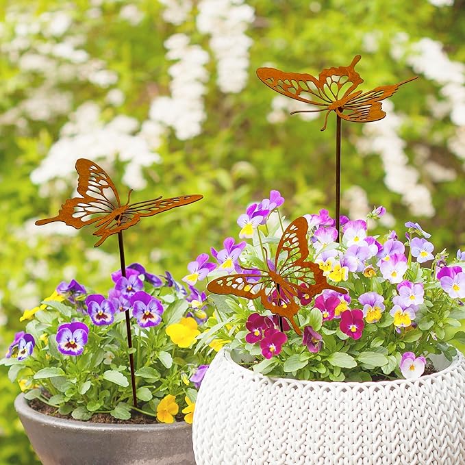 3 Pcs Rusty Metal Butterfly Garden Stakes - Rustic Outdoor Decor for Plant Pot, Lawns, Patio & Outdoor | Vintage Decorative Butterfly Garden Stakes for Patio Yard Porch Backyard Outdoor Décor