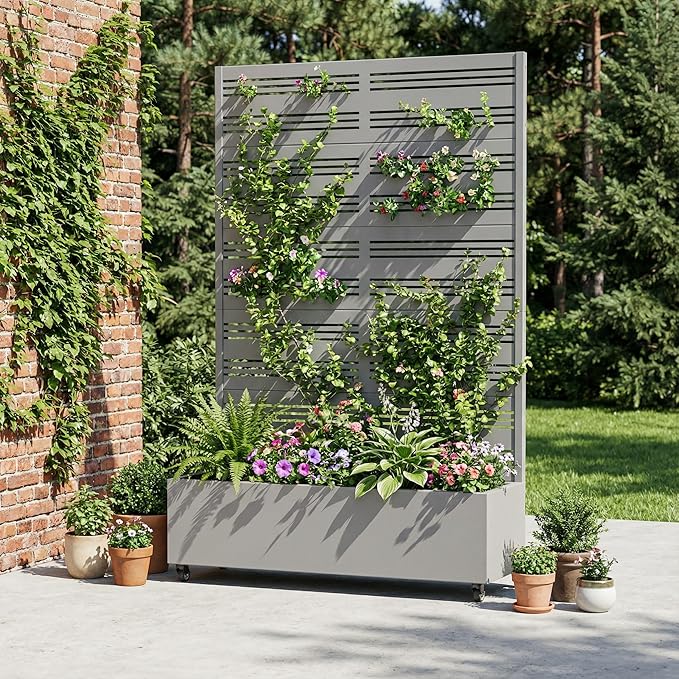 Casaphoria Metal Raised Garden Bed with Trellis and Wheels, 72"x47"x16" Arched Planter Box for Climbing Plants, Vegetables & Vines, Features Drainage Holes and Privacy Screen, Grey-Harold
