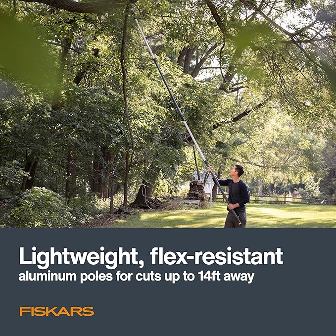 Fiskars XtendControl 14' Tree Pruner with 15" X2 Hook Bill Saw, Two Extension Poles (3-6 Ft and 4-8 Ft), Triple-Grind Blade for Fast Cutting, Lightweight Aluminum Pole Saw, Orange