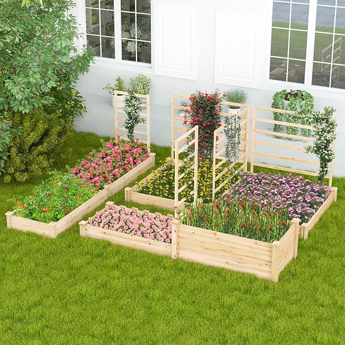 Raised Garden Bed with 3 Trellises, 2 Large Wooden Planter Boxes with Trellis for Vine Climbing Plants Flowers, Modular Design for Outdoor Garden Patio Backyard, 88"L x 45"W x 43"H, Natural