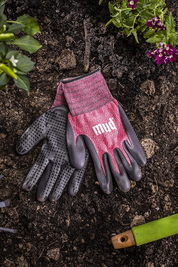 Mud Grip Women's Nylon Seamless Knit Shell Water Resistant Dotted Nitrile Palm Gardening Gloves