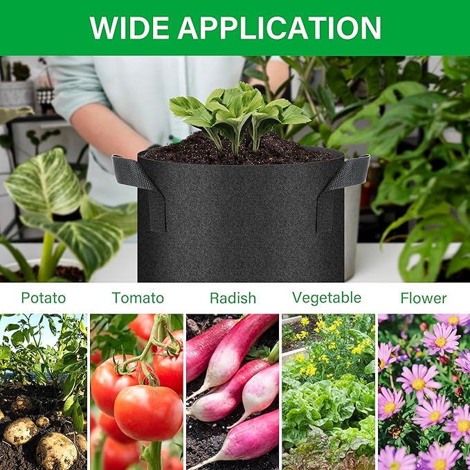 YSSOA 10-Pack 5 Gallon Grow Bags, Aeration Nonwoven Fabric Plant Pots with Handles, Heavy Duty Gardening Planter for Potato, Tomato, Vegetable and Fruits, Black 2024 Version
