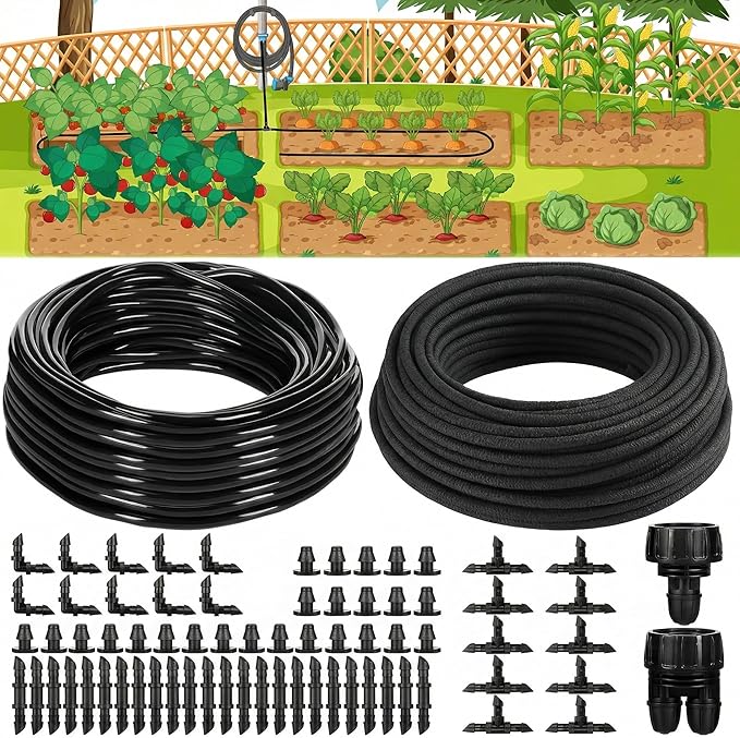 Drip Irrigation System Kit Garden Watering System 200ft 1/4 Inch Soaker Hose 100ft 1/4 Inch Drip Irrigation Tubing with Distribution Tubing and Accessories for Garden Greenhouse Patio Lawn
