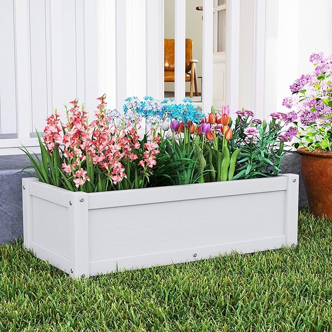 HDPE Raised Planter Box Outdoor,Rot-Resistant and Non-Cracking,Small Raised Beds for Gardening 29.5 * 14.4 * 9.8 in for Yard,Lawn,Outdoor Planter Boxes Rectangle with Drainage Holes White