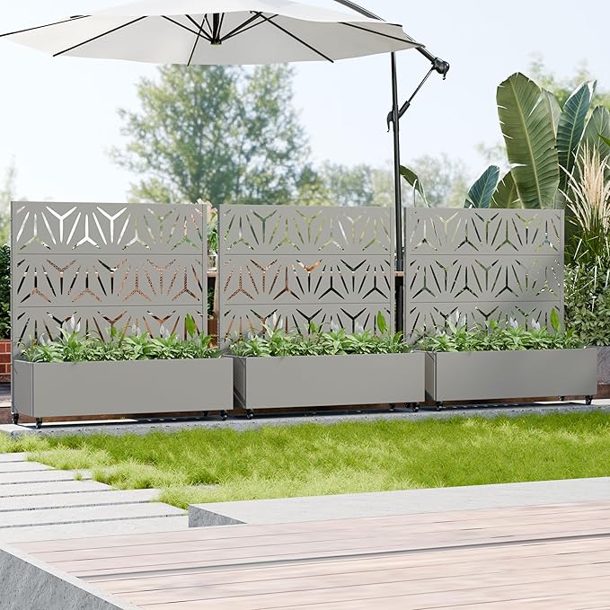 Casaphoria Metal Raised Garden Bed with Trellis and Wheels, 47"x47"x16" Planter Box for Climbing Plants, Vegetables & Vines, Features Drainage Holes and Privacy Screen, Grey-Star