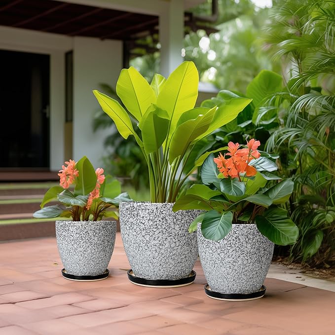 Ceramic Pots for Plants - 10+8+6 Inch Round Flower Pots with Drainage Holes and Saucers, Decorative Planters for Indoor Outdoor, Porch Decor, Housewarming Gifts, Set of 3, White-Black