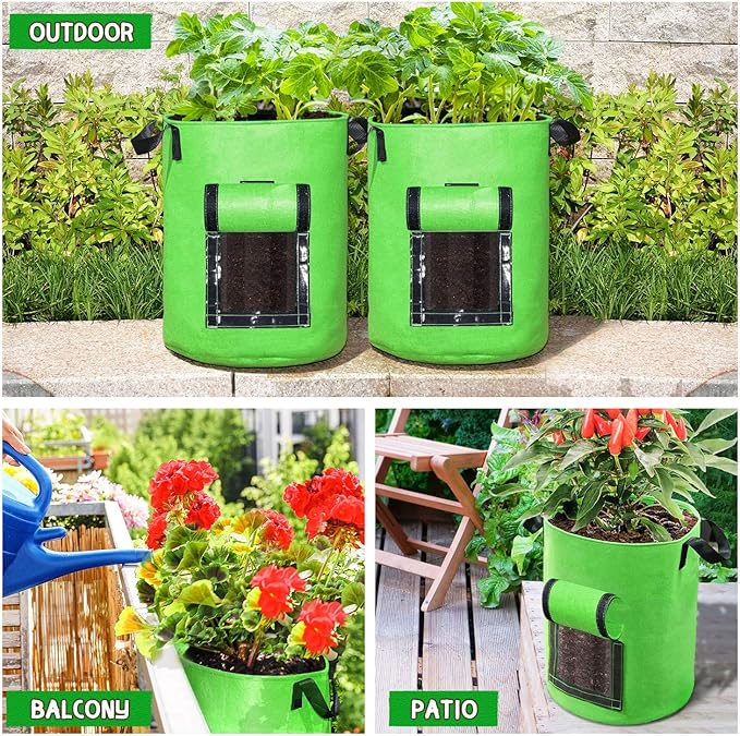 SCENGCLOS 6 Pack 10 Gallon Grow Bags, Sealed Window Planter Bags, Breathable Thickened Non-Woven Fabric Plant Pots with Access Flap, Garden Planting Bags for Grow Potato,Tomato,Carrot