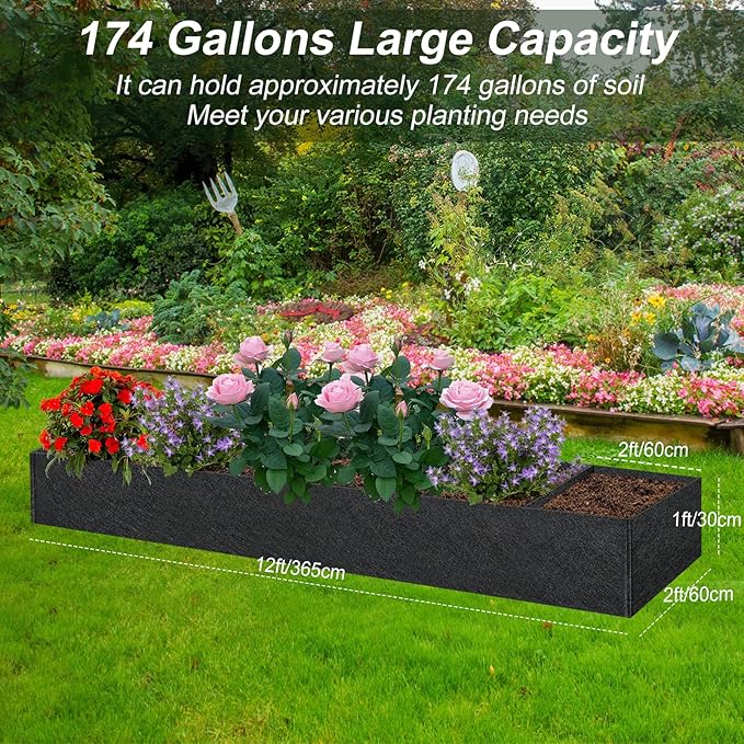 2PCS 12x2x1ft Fabric Raised Garden Bed Outdoor Patio 6 Grids Raised Planter Box Fabric Planters Grow Bags Rectangle Cloth Pots Potato Tomato Strawberry Garden Bed for Growing Vegetables Flower Herb