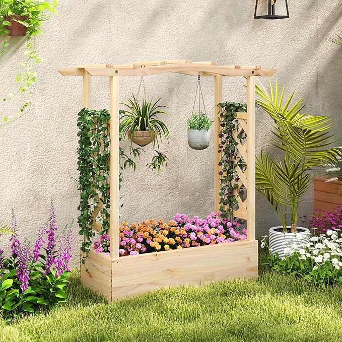 HAPPYGRILL Raised Garden Bed with Trellis, 2 Wood Planter Box w/Hanging Roof, Drainage System, Elevated Garden Box for Climbing Vine, Outdoor Planter w/Trellis for Patio Balcony, 44" x 14" x 45"