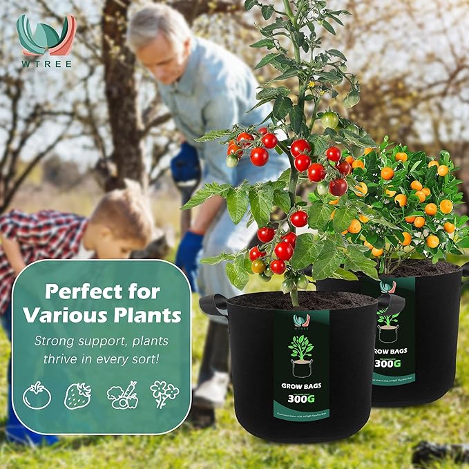 5-Pack 2 Gallons Grow Bags - Heavy Duty 300G Thickened Aeration Nonwoven Fabric Pots with Handles - Ideal Cloth Pots for Plants - Planters Accessories, Garden Vegetables Supplies
