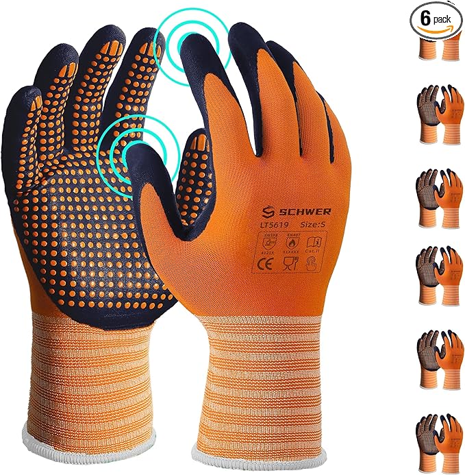 Schwer 6 Pairs Safety Work Gloves MicroFoam Nitrile Coated, Level 4 Abrasion & A1 Cut Resistant Nylon Working Gloves with MicroDot Grip, Touchscreen, Used for General Work, Gardening, LT5619, S