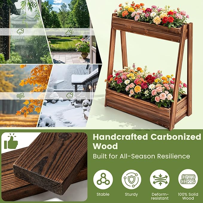 2-Tier Elevated Raised Garden Bed, 36" H Fir Wood Planter Box with 23" Growth Space for Tall/Climbing Plants, Drainage Holes & Non-Woven Liner, Outdoor Garden Planter for Patio Balcony Backyard