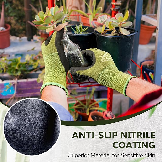 COOLJOB 2 Pairs Gardening Working Gloves for Men and Women, Touchscreen, Grippy Nitrile Rubber Coated for Garden Yard, Green/Black, XX-Large Size (XXL)