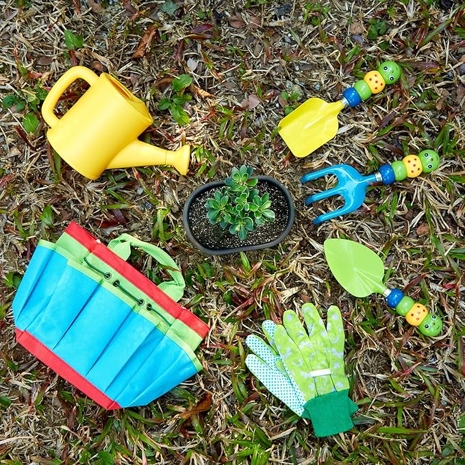 FITNATE Green Kids Garden Tools Set,6 PCS Gardening Tools for Kids Including Watering Can, Shovel, Rake, Fork, Children Gardening Gloves and Garden Tote Bag, All in One Set