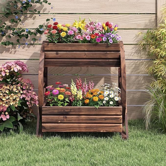 HAPPYGRILL 2-Tier Raised Garden Bed, Rustic Wood Wagon Planter Box with Drainage Holes & Semi-Wheels for Vegetables Herbs, Indoor Outdoor Decorative Flower Cart Pot Stand for Patio Yard Balcony (2)