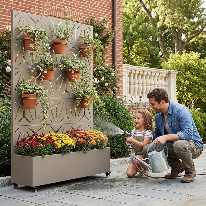 Casaphoria Metal Raised Garden Bed with Trellis and Wheels, 72"x47"x16" Arched Planter Box for Climbing Plants, Vegetables & Vines, Features Drainage Holes and Privacy Screen, Grey-Star