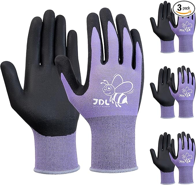JDL 3 Pairs Nylon Nitrile Coated Gardening Gloves for Women, Touchscreen Yard Garden Gloves, Breathable Safety Work Gloves with Grip, Purple, Small