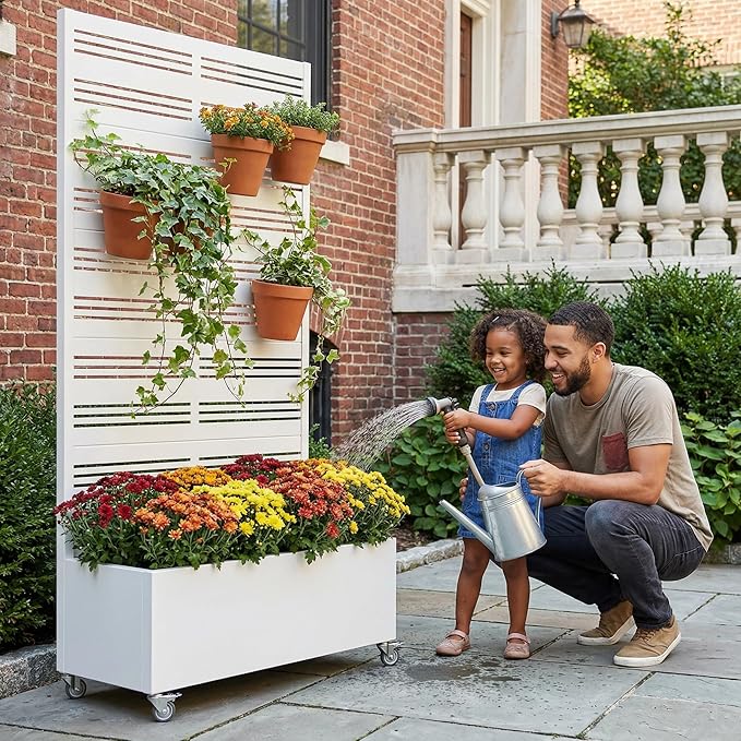 Casaphoria Metal Raised Garden Bed with Trellis and Wheels, 72"x35"x16" Planter Box for Climbing Plants, Vegetables & Vines, Features Drainage Holes and Privacy Screen, White-Harold