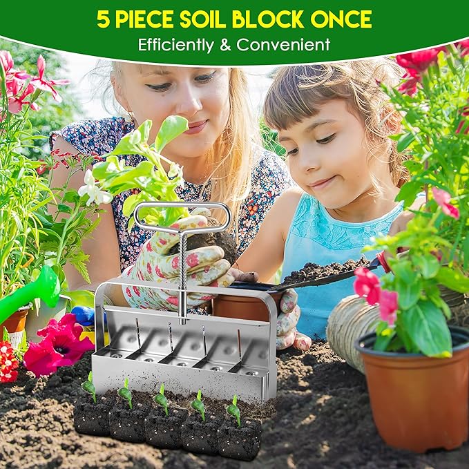 Dreyoo 1 Pack Upgrade Soil Block Maker Hand Held, Manual Blocking Tool for Seed Starting with Dispenser, Garden Potting Soil for Indoor Outdoor Plants, No Transplant Shock (5 Cell,1 1/2 Inch)