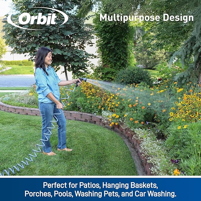 Orbit 27389 Coil Garden Hose, 50 Feet, with 8-Pattern Hose Nozzle (Green)