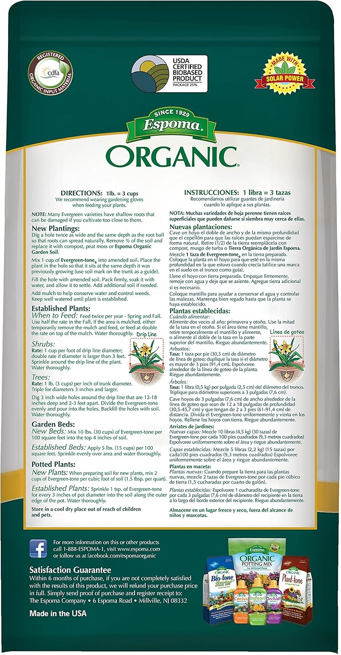 Espoma Organic Evergreen-Tone 4-3-4 Natural & Organic Fertilizer and Plant Food for Evergreen Trees & Shrubs. 8 lb. Bag. Use for Planting & Feeding to Promote Optimum Growth