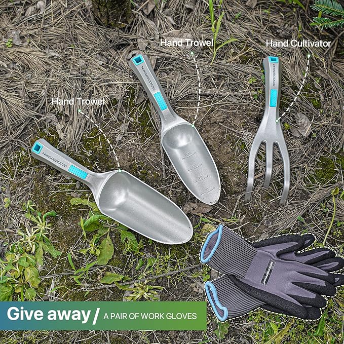 GOODSMANN Garden Tools Set, 3 Piece All One Piece Die-Cast Aluminum Gardening Kit, Hand Trowel, Marker Measurements Transplanter and Cultivator Garden Hand Shovel for Digging Weeding Planting