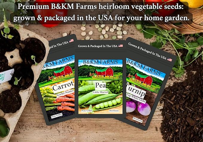 B&KM Farms 50,000+ Heirloom Seed Kit – 50 Varieties of Non-GMO Vegetable, Fruit & Herb Seeds for Home Gardening – High Germination, Hand-Packed, Weather-Resistant Packaging
