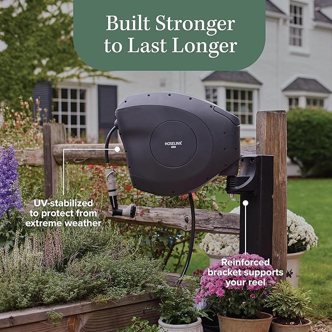 HOSELINK Classic Charcoal 82ft Hi-Flow Automatic Retractable Hi-Flow Garden Hose Reel, 9/16”, UV-Stabilized Kink-Free Hose, Wall Mounted Complete Watering Solution for Backyard, Garden & Outdoor