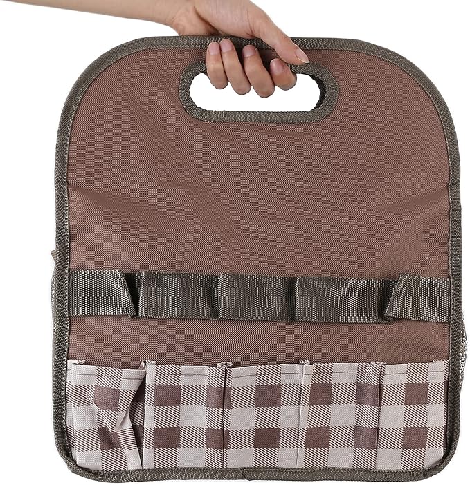 L Garden Tool, Portable Multifunction Tool Handbag, Ox Cloth with 5 Slots and Mesh s, for Gardening Woodw Household Sto (Coffee Grid)