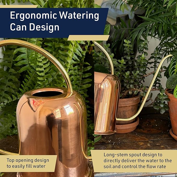 Copper Watering Can Indoor Plants - 48oz Long Spout Precise Small Water Can for Plants, Bonsai, Succulents, Houseplants, or Garden - Metal Inside or Outdoor Plant Watering Cans by Kings County Tools