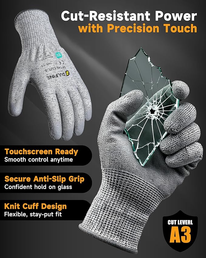 DULFINE ANSI A3 Cut Resistant Work Gloves for Men, 6 Pairs Pack PU Coated,Ideal for Wood working, Glass Cutting, Construction, Cargo Handling, Car Repair(Extra Large)