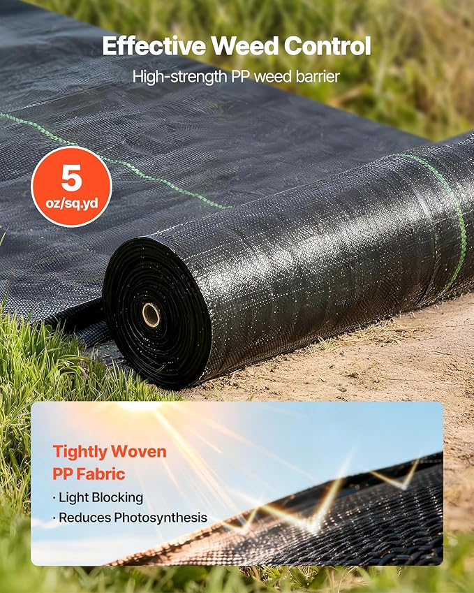 VEVOR Weed Barrier Fabric Heavy Duty, 3x100FT 5oz Landscape Fabric, Woven Weed Blocker Fabrics, Garden Fabrics Weeds Barrier, Weeds Control Ground Cover, Geotextile Webbing, Gardening Mat, Black