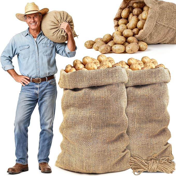 MAQIHAN 2 PCS Burlap Sack - 23.6" x 39" Burlap Bags for Plants High Density Natural Jute Bag of Potatoe Storage Plant Grow Bags with Rope Potato Sacks Race Bag Halloween,Christmas Decorations