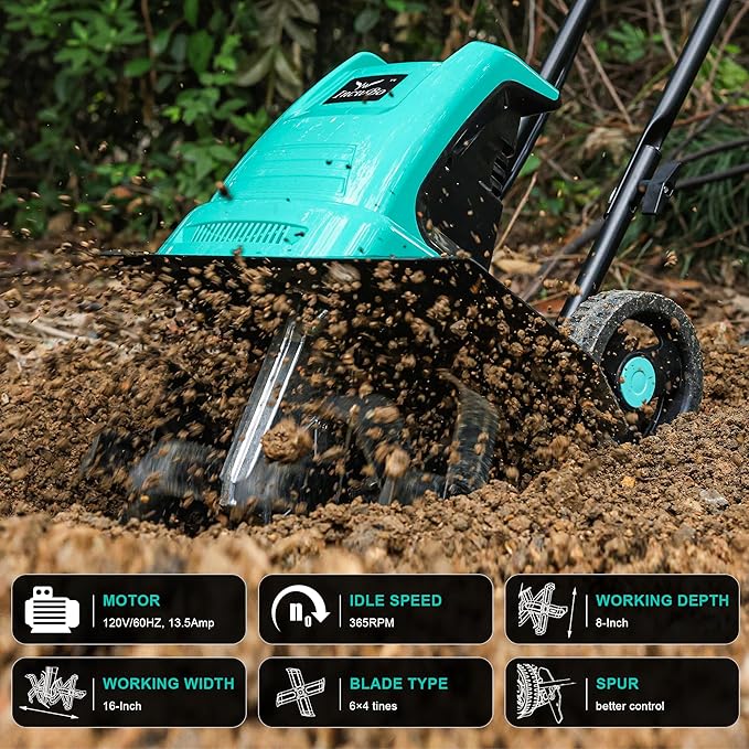 IncwBo Tiller 13.5AMP Rototiller for Garden Corded Electric Tiller Garden Electric Cultivator 8Inch Depth 16Inch Width Tiller for Garden Yard