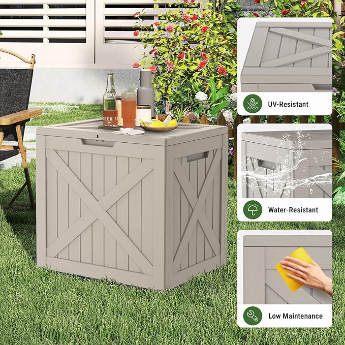 Mars Villa 31 Gallon Barn Style Deck Box, Outdoor Storage Box Waterproof, Lockable Lid, Weatherproof and UV Resistant Resin Storage Bin for Patio Furniture Cushion, Pool Supply, Garden Tool, Greige