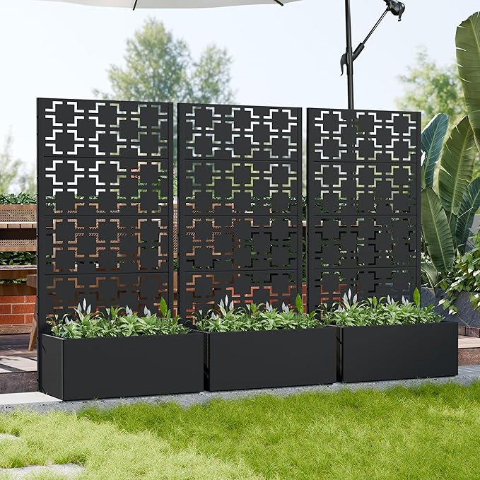 Casaphoria Metal Raised Garden Bed with Trellis, 59"x30"x12" Planter Box for Climbing Plants, Vegetables & Vines, Features Drainage Holes and Privacy Screen, Black-Square