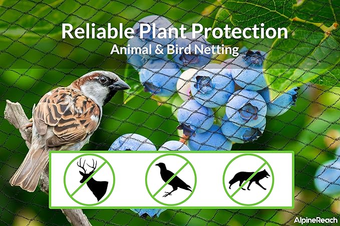 AlpineReach Garden Netting 15 x 30 ft Heavy Duty Bird Net, Deer, Plant Protection Extra Strong Woven Mesh, Reusable Kit with Zip Ties, Animal Fencing for Fruits Trees, Black