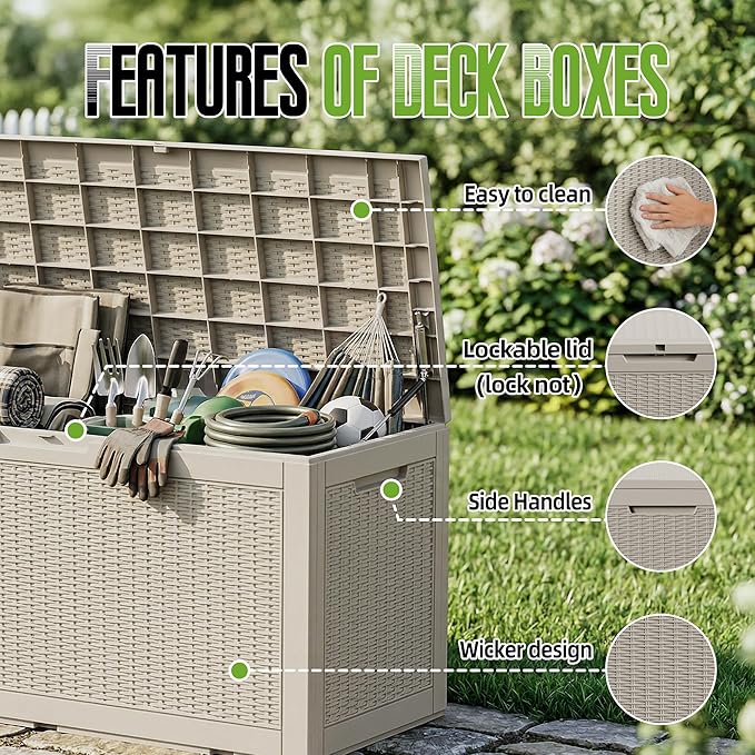 120 Gallon Outdoor Storage Deck Box Waterproof Resin Lockable Outside Bench Porch Patio Furniture Pool Float Garden Tool Cushion UV Resistant Bin Beige