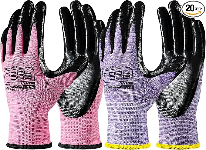COOLJOB 20 Pairs Nitrile Dipped Rubber Coated Safety Work Gloves with Grip, Non-slip Bulk Gardening Roofing Gloves for Ladies Women, Oil-resistant Gear for Package Handler, Warehouse Worker, Large