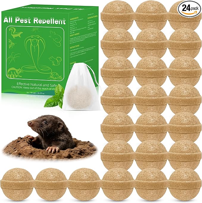 24 Pack Mole Repellent - Skunk Repellent, Raccoon Repellent for Indoor Outdoor, Squirrel Repellent Keep Rodent Away for Yard, Safe for Pets & Children